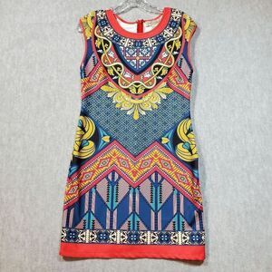Flying Tomato Dress Womens Large Blue Geometric Round Neck Shift Back Zipper